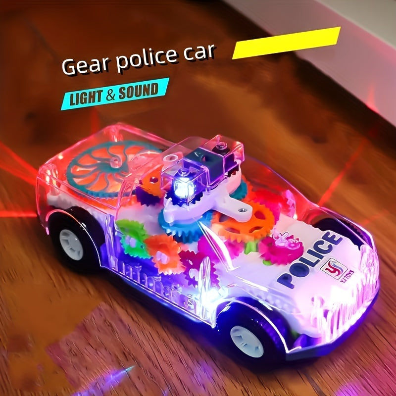 Electric car toy with lights and music, featuring transparent gear and police car design.