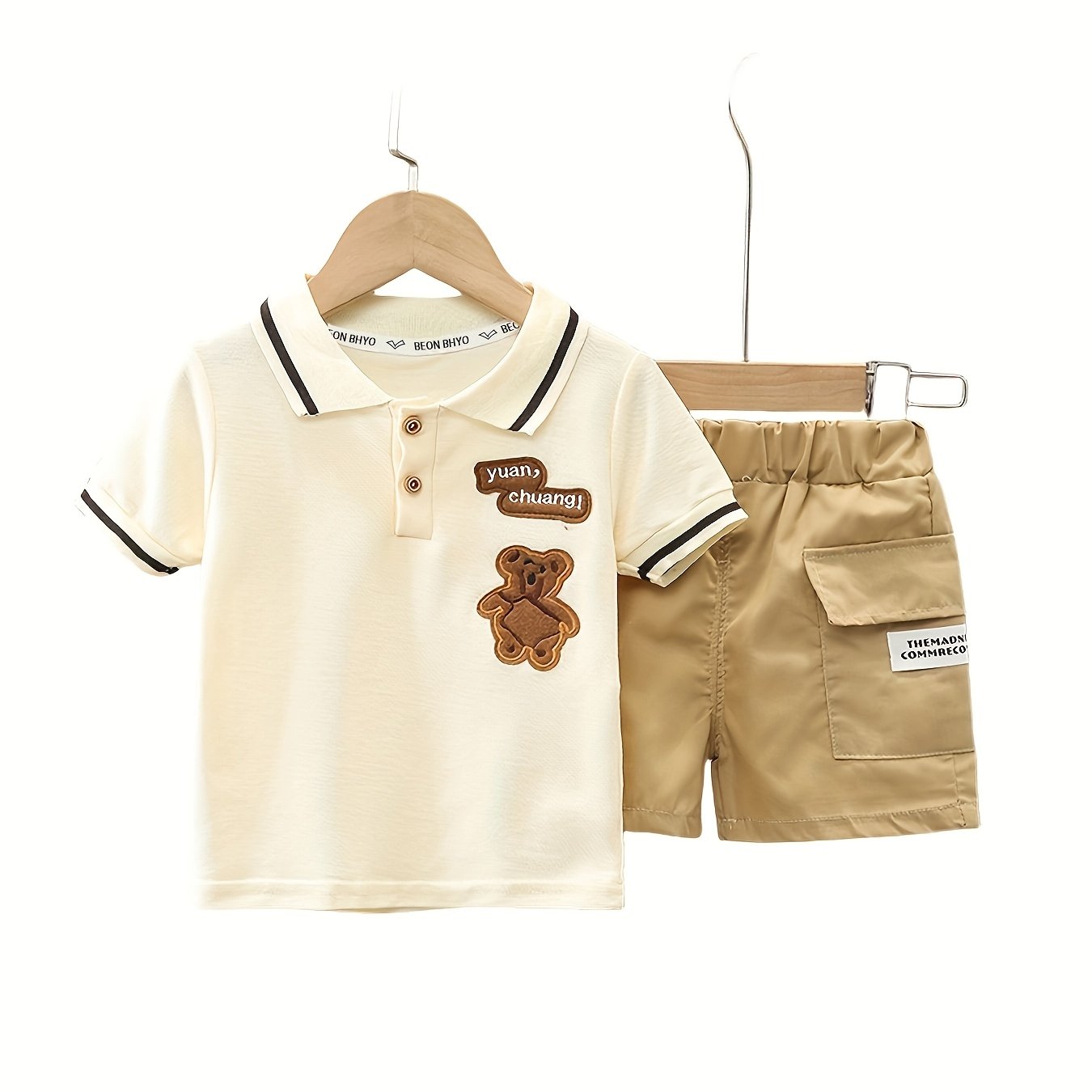 Boy's casual 2-piece set with short sleeve golf shirt featuring cute bear patch design and elastic waistband comfy shorts in pure fabric, perfect for spring and summer daily and outdoor