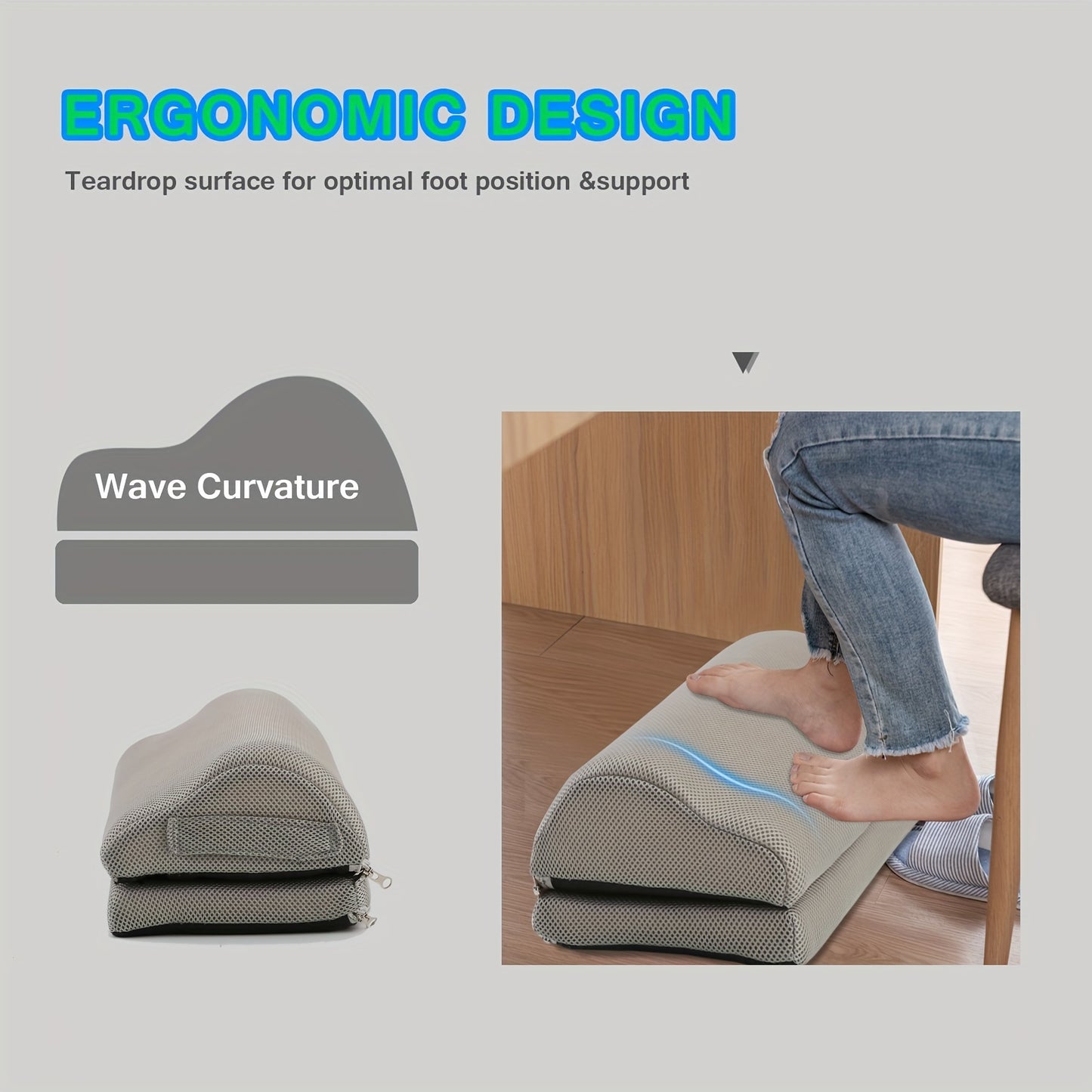 Under desk foot rest with washable cover, adjustable height for car, home, and office.