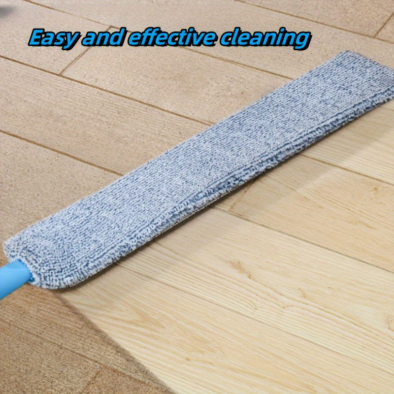 One versatile retractable dust duster with adjustable length, perfect for cleaning the bedroom, carpet, walls, living room, and yard. Includes two replaceable pads. Made of durable plastic with a blue handle, this indoor dusting aid features a telescopic