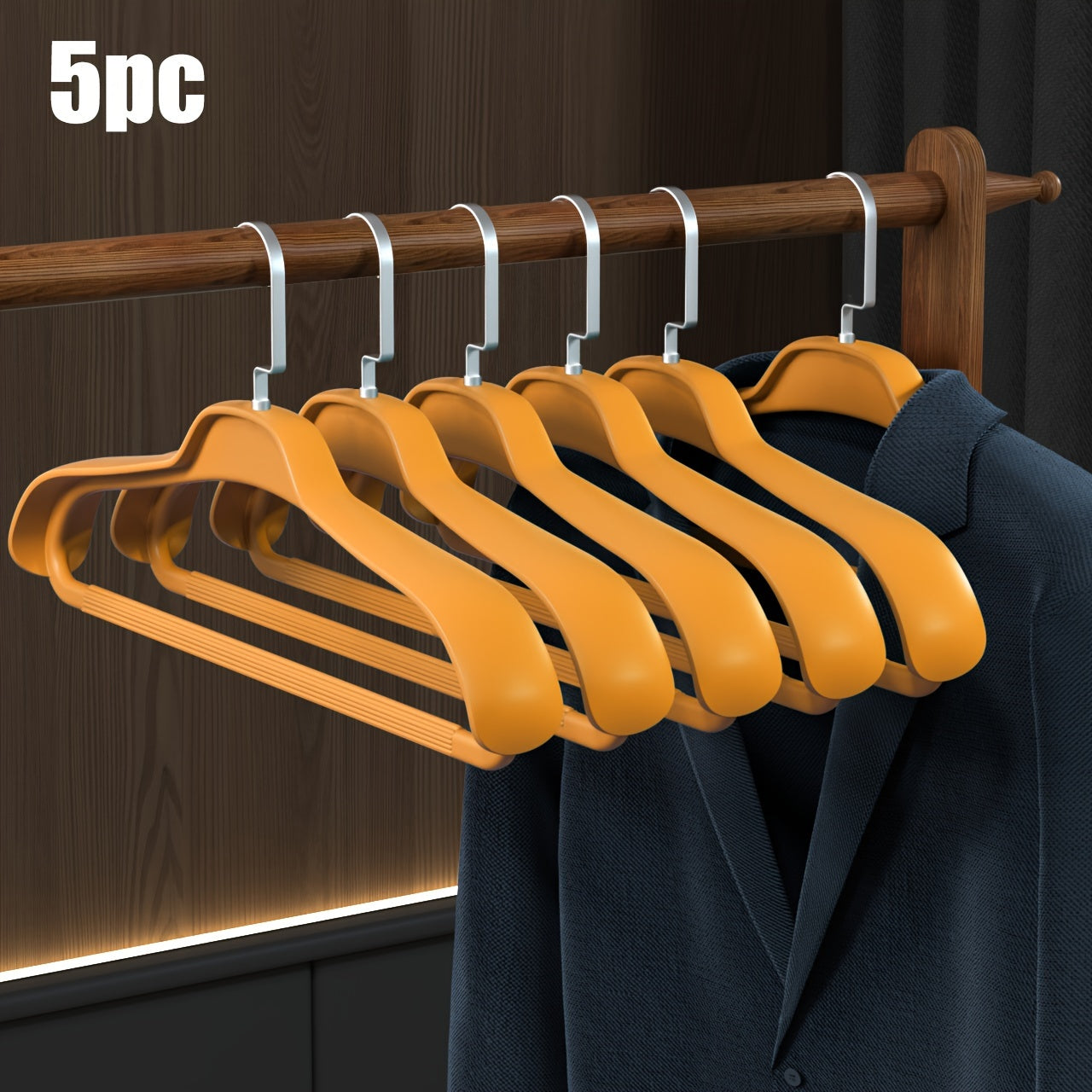 Grey clothes hanger set of 5 for home wardrobe with non-slip shoulder corners, wide-shouldered design to prevent marks and keep clothes in place. Perfect for suits and bags.