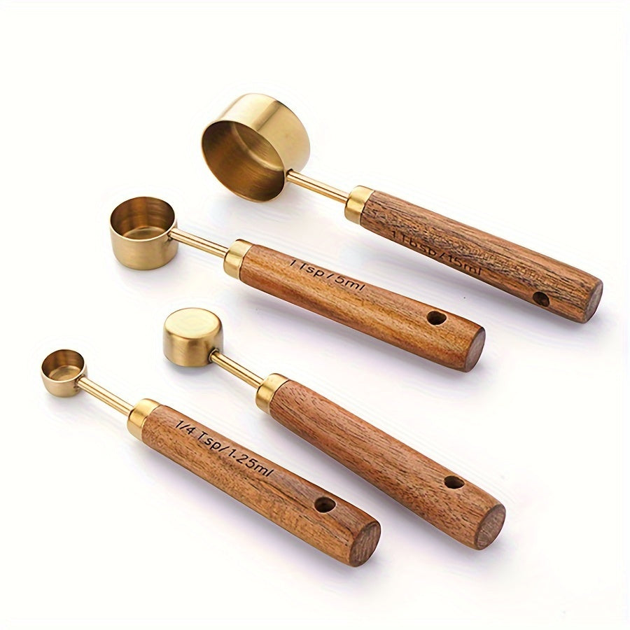 Set of 4 measuring cups and 4 measuring spoons with wooden handles, made of stainless steel. Includes graduated measurements for precise baking and cooking. A must-have tool for any kitchen, perfect for apartments and essential for cooking and baking