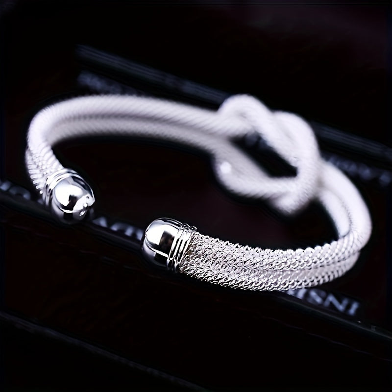 Braided Mesh Open Hand Ring Bracelet in Silvery S925, Unisex Design for Men and Women with Matching Models