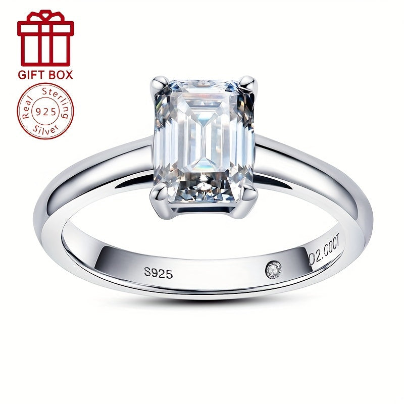 925 Sterling Silver Elegant 2CT Emerald Cut Moissanite Engagement Ring, Ideal Gift for Her