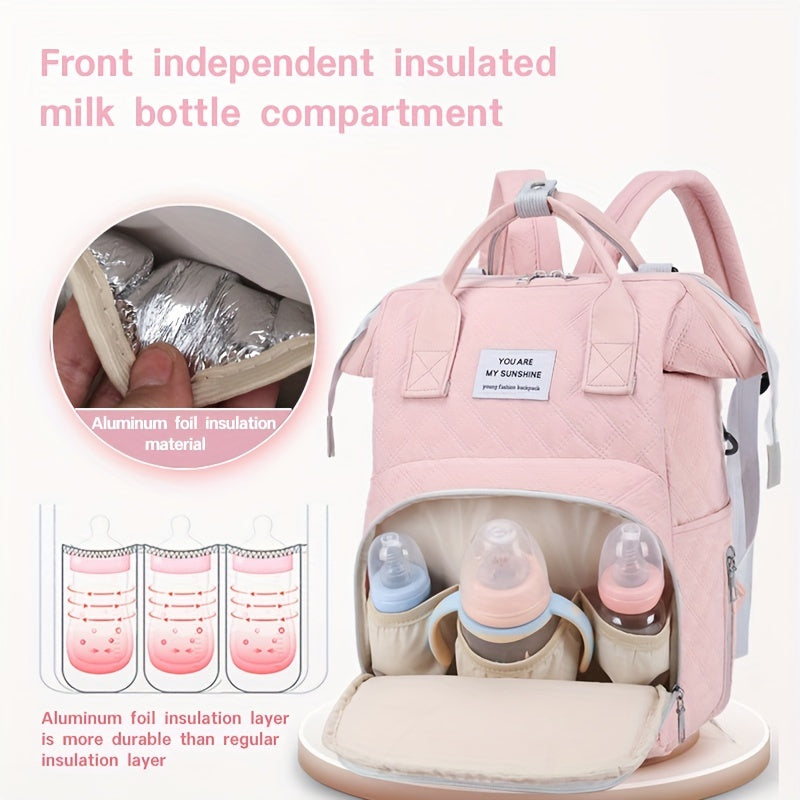 Stylish Solid Color Mommy Bag with Large Capacity, Portable Mother Backpack, Featuring Separate Insulated Bottle Compartment and Stroller Attachment Option