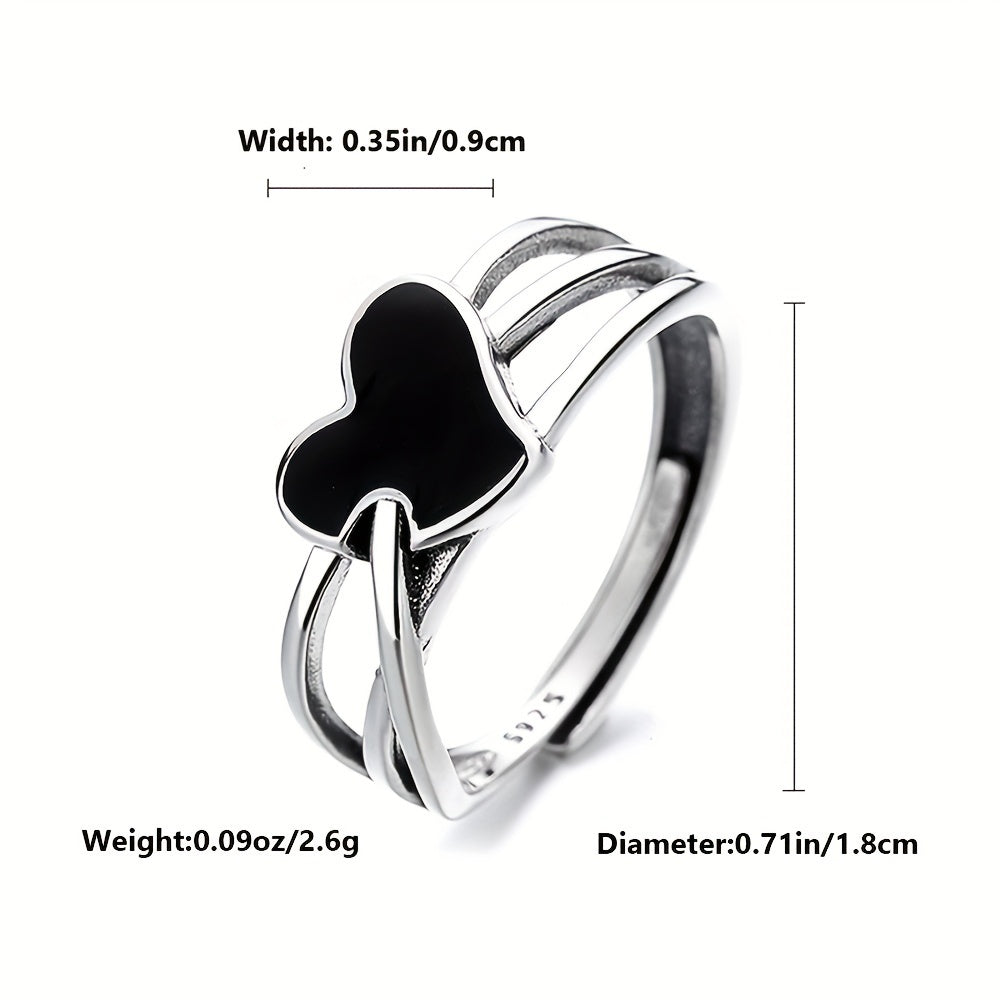 925 Sterling Silver Open Ring with Black Heart Design, a Symbol of Dangerous Love, perfect for both Men and Women. This high-quality adjustable ring is a statement piece that embodies the essence of risky love.