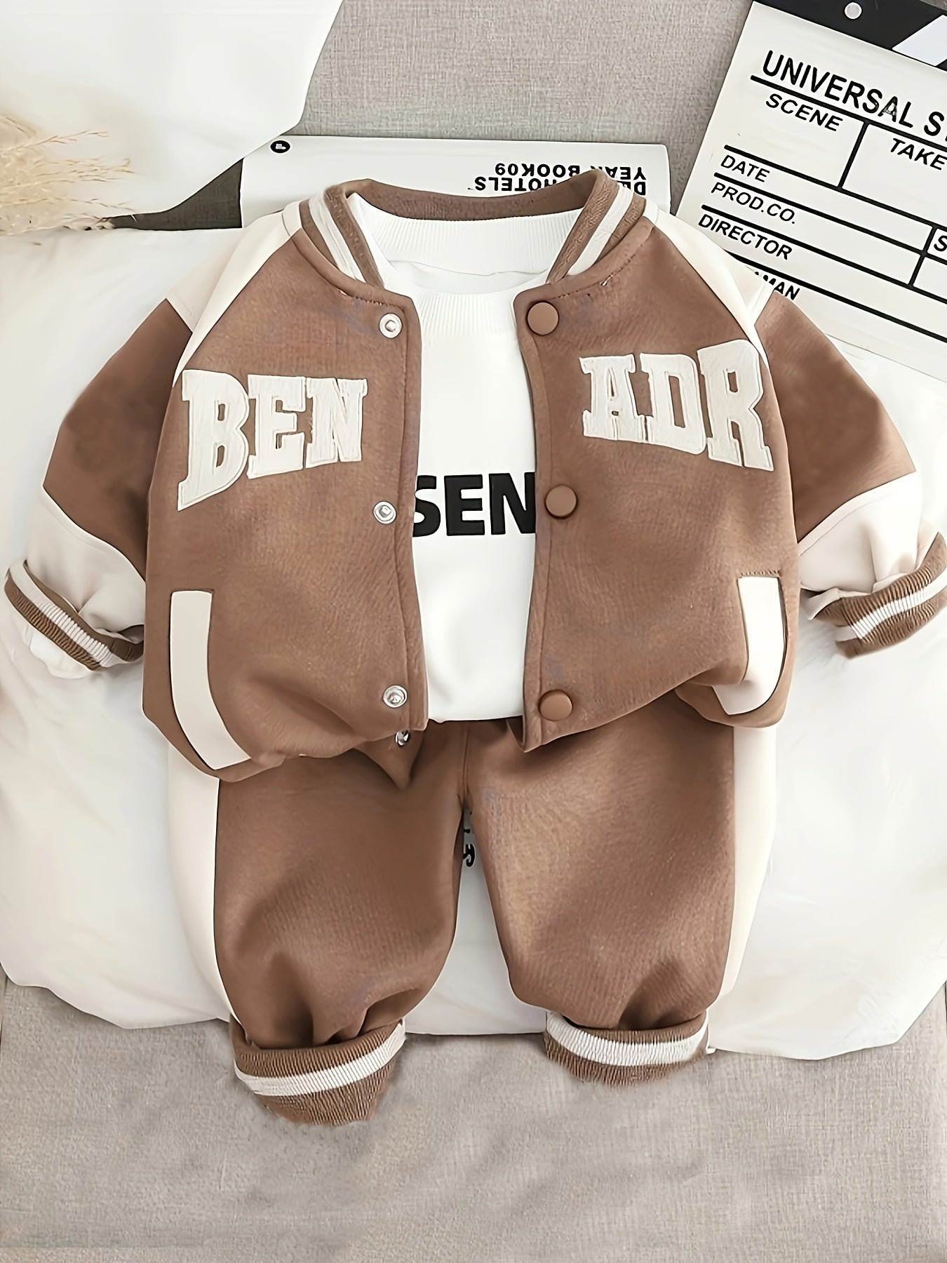 Baby boy's stylish baseball coat, sweatshirt, and pants set, perfect for outdoor wear in spring, autumn, and winter.