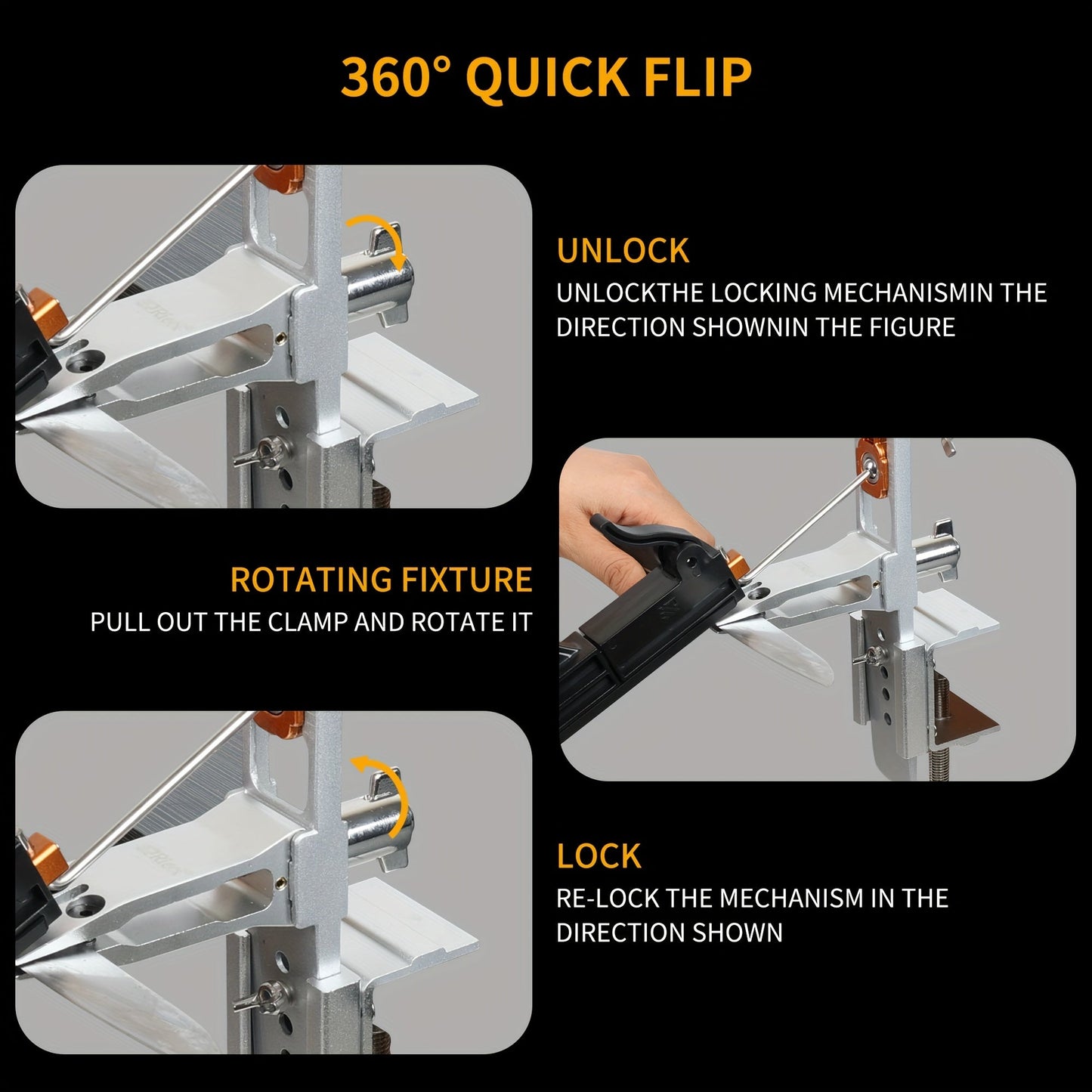 The RC-002A Professional Knife Sharpener System includes Whetstones, a Carry Case, and features a 360° Rotation Flip Design. It also includes a Fixed-Angle Stainless Steel Kitchen Chef Knife Sharpening Kit and Abrasive Holding System Tools.