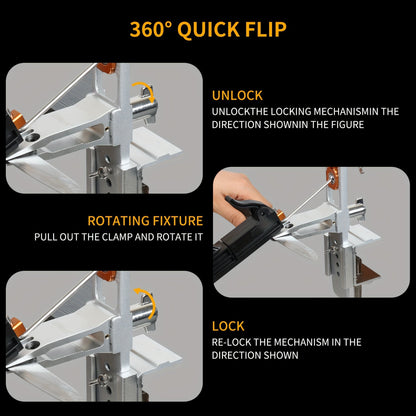 The RC-002A Professional Knife Sharpener System includes Whetstones, a Carry Case, and features a 360° Rotation Flip Design. It also includes a Fixed-Angle Stainless Steel Kitchen Chef Knife Sharpening Kit and Abrasive Holding System Tools.