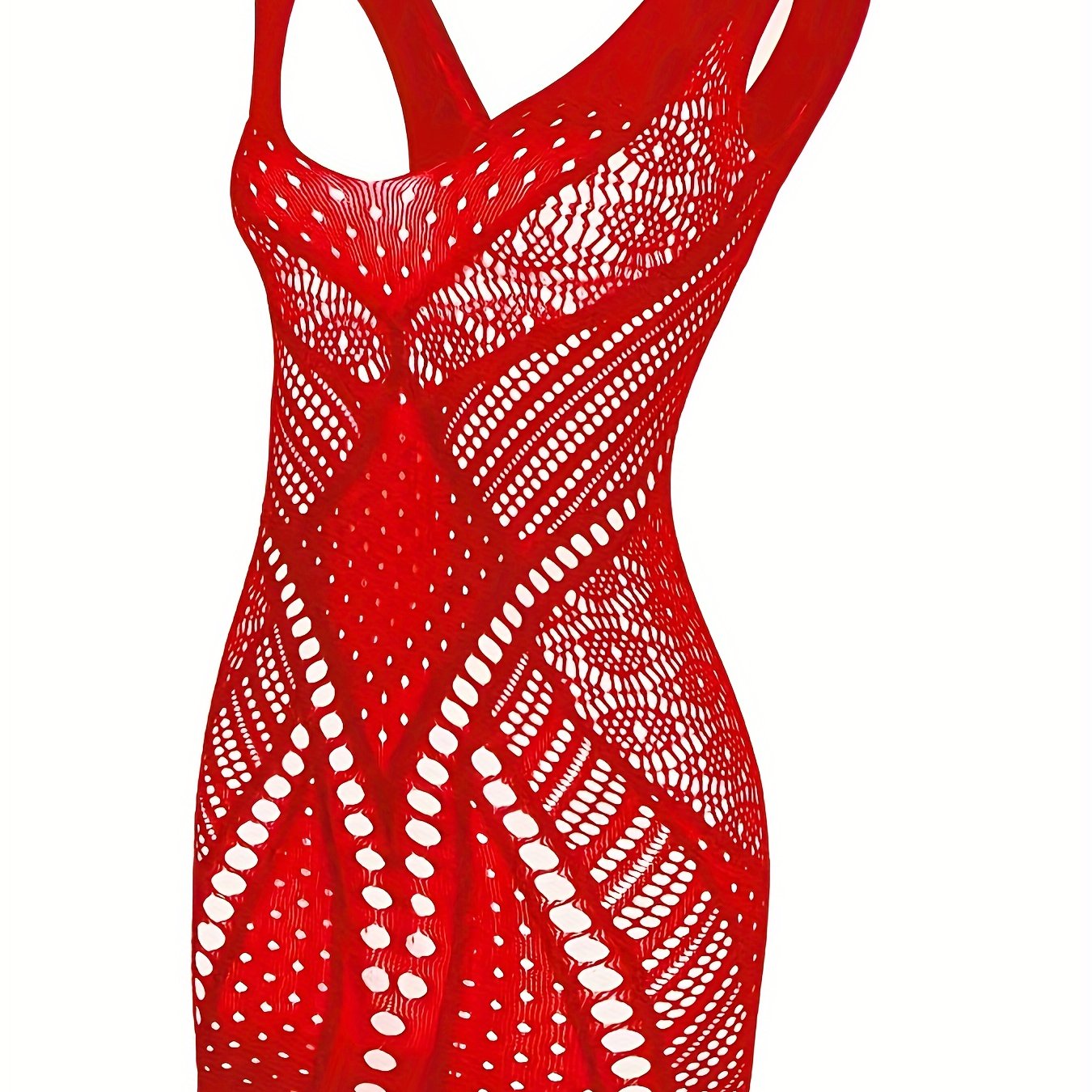 Red lace mesh bodysuit with hollow-out design, spaghetti straps, made of nylon. Sexy and fashionable nightclub attire for adults.