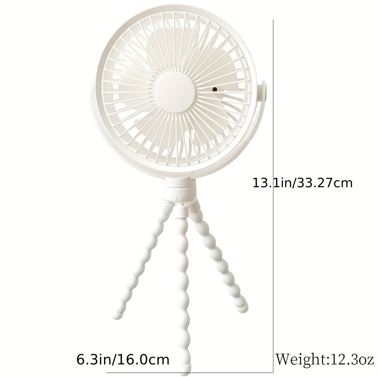 Versatile portable USB rechargeable fan features a tripod stand, high-velocity octopus gripping base, button control, indoor & outdoor air circulation, plastic painted finish, and integrated lithium battery. Perfect for desk or travel use, this exhaust