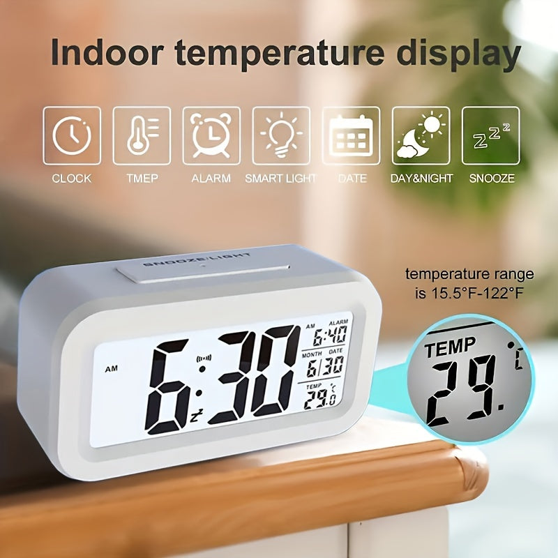 Smart LCD Display Digital Alarm Clock with Indoor Temperature, Date, and Light Sensor - Features Backlight and Night Light, Ideal for Home and Bedroom Use. Battery Operated Desk Clock suitable for Ages 14 and Up.