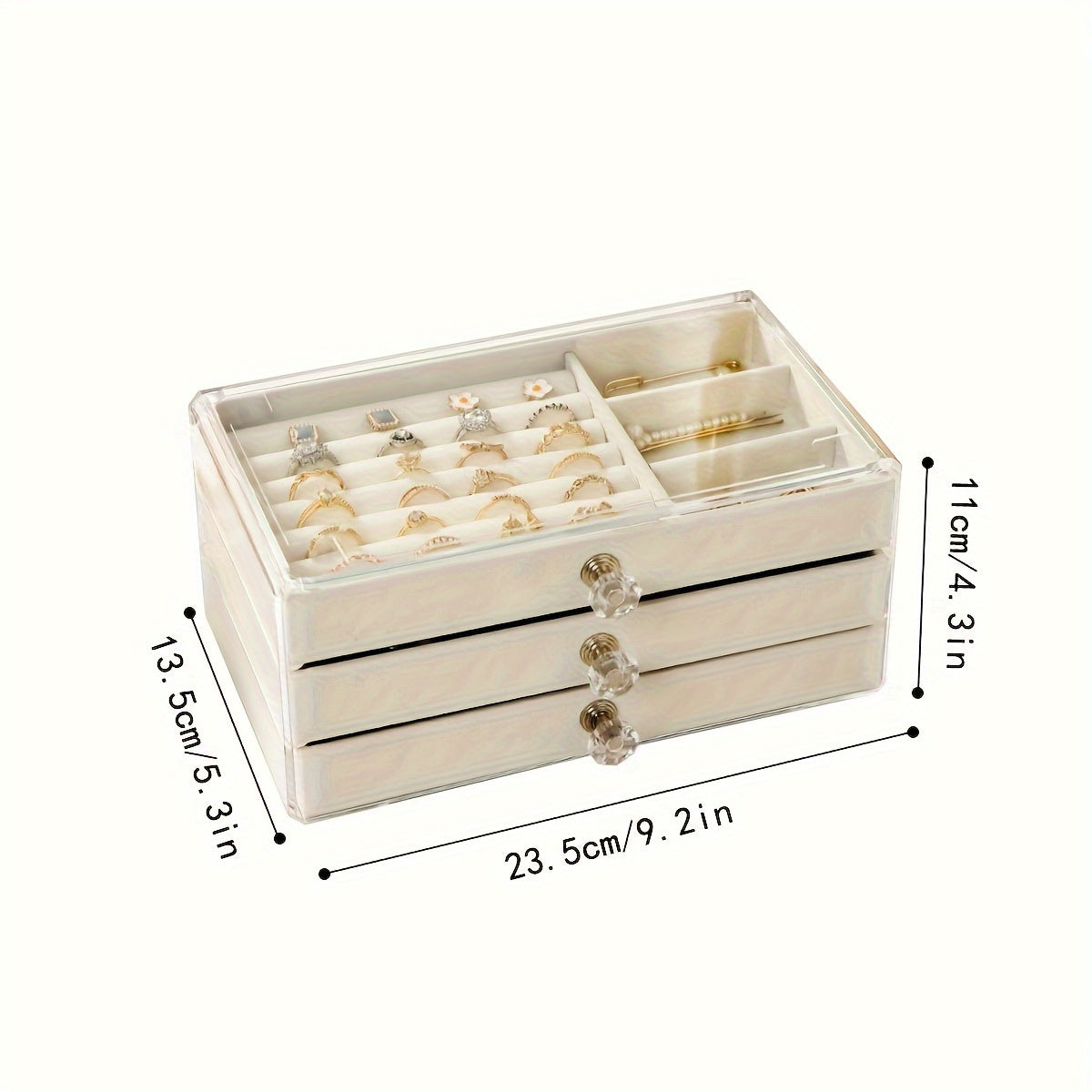 1 large drawer jewelry box with 3 layers for storing earrings, rings, necklaces, bracelets, and pendants on a desktop.