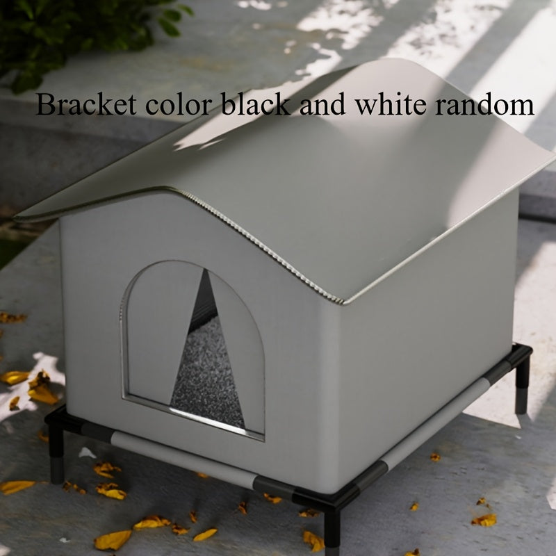 Waterproof outdoor cat shelter with stand, warm cushion, and Oxford fabric for stray cats.