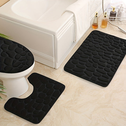 3-Piece Memory Foam Bathroom Rug Set with Pebble Embossed Design - Super Soft, Non-Slip, and Absorbent Bath Mat, U-Shaped Contour Rug - Machine Washable Polyester Material, Low Pile - Ideal for Home Decor and a Thoughtful Christmas Gift