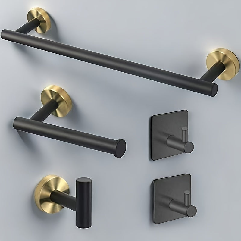 Stainless Steel Bathroom Hardware Set in Black Gold/Golden/Matte/Black Finish - Includes Towel Rack, Toilet Paper Holder, and 3 Bathrobe Hooks. Round Wall Installation. Perfect for Hotel, Home, Kitchen, and Bathroom Use.