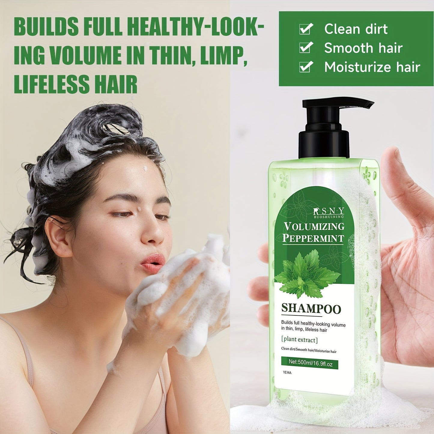 500ml Peppermint Volumizing Shampoo with Biotin Blend - Deep cleansing and strengthening for all hair types, with plant-based squalane.