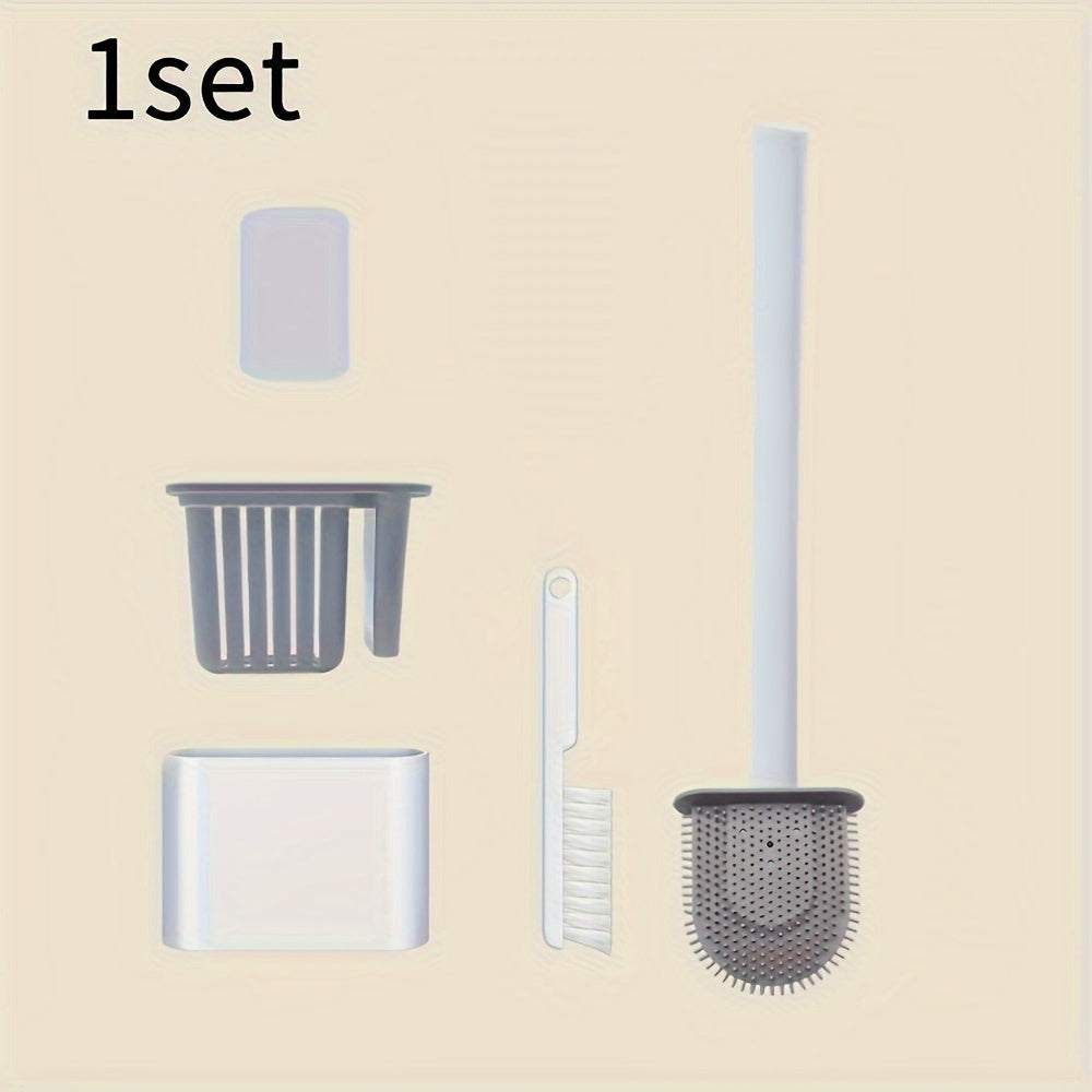 Toilet brush set includes 1 small brush, 1 large brush, and 3 matching assembly pieces. Hole-free self-adhesive design for easy installation. Soft brush head reaches all areas to clean without missing any spots. Versatile tool for bathroom cleaning. A