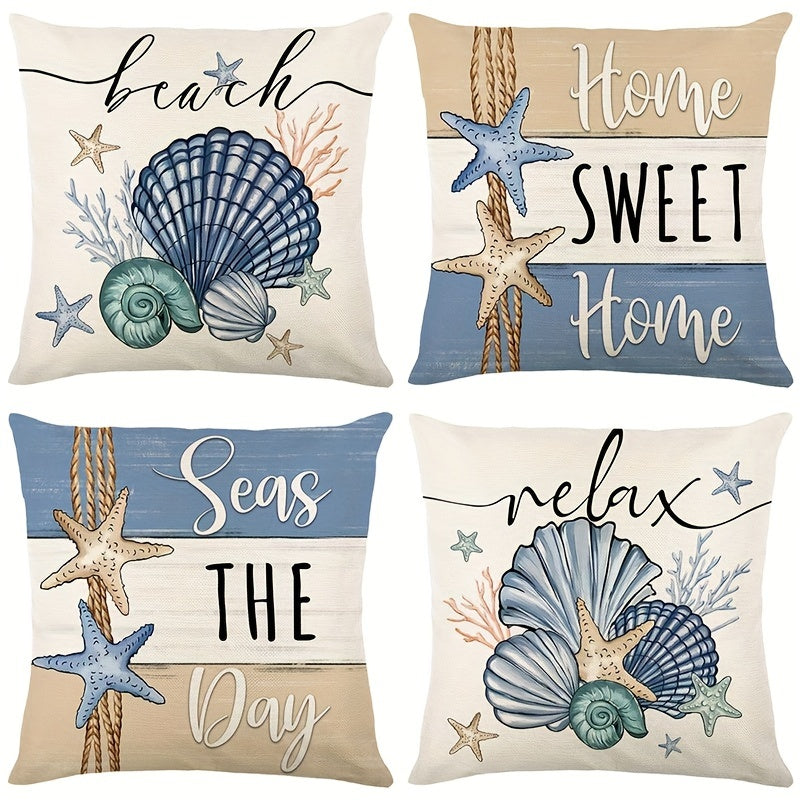 Summer starfish and shell throw pillow covers in a contemporary style, measuring 45.72x45.72 cm. Perfect for nautical ocean beach holiday theme decor, suitable for home, porch, patio, couch, sofa, and outdoor use. Made of durable polyester, pillow