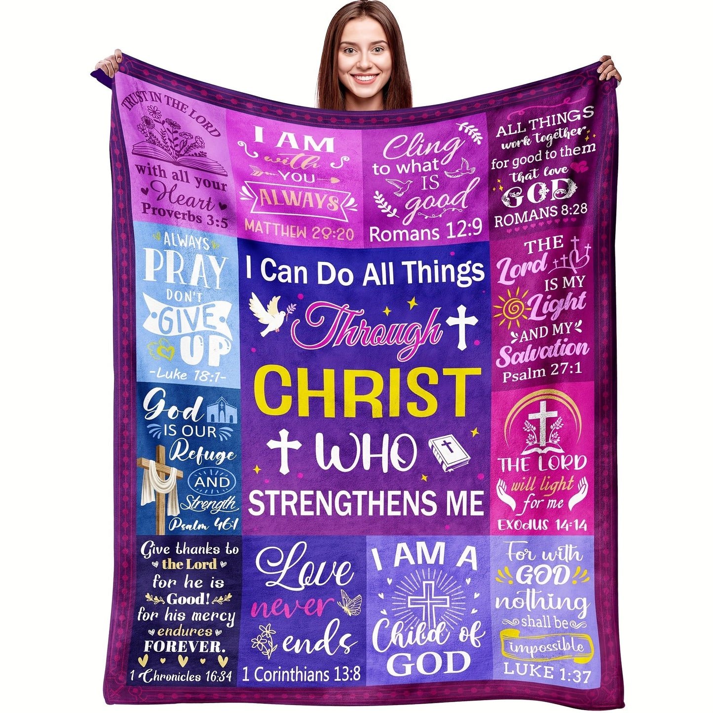 Explore our selection of Christian gifts for women with this inspirational religious blanket. Featuring a Bible verse prayer design on cozy flannel material, this Catholic spiritual faith blanket is super soft, healing, and perfect for use as a sofa