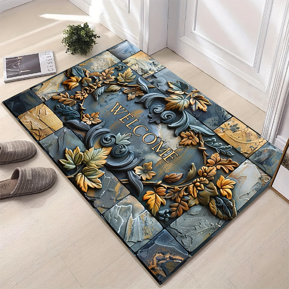 Opulent Welcome Mat with Elegant 3D Stone & Botanical Embossed Design - Features Non-Slip, Waterproof, and Machine Washable Polyester Material Perfect for Indoor and Outdoor Use - Enhance Entryway, Living Room, or Bathroom Décor