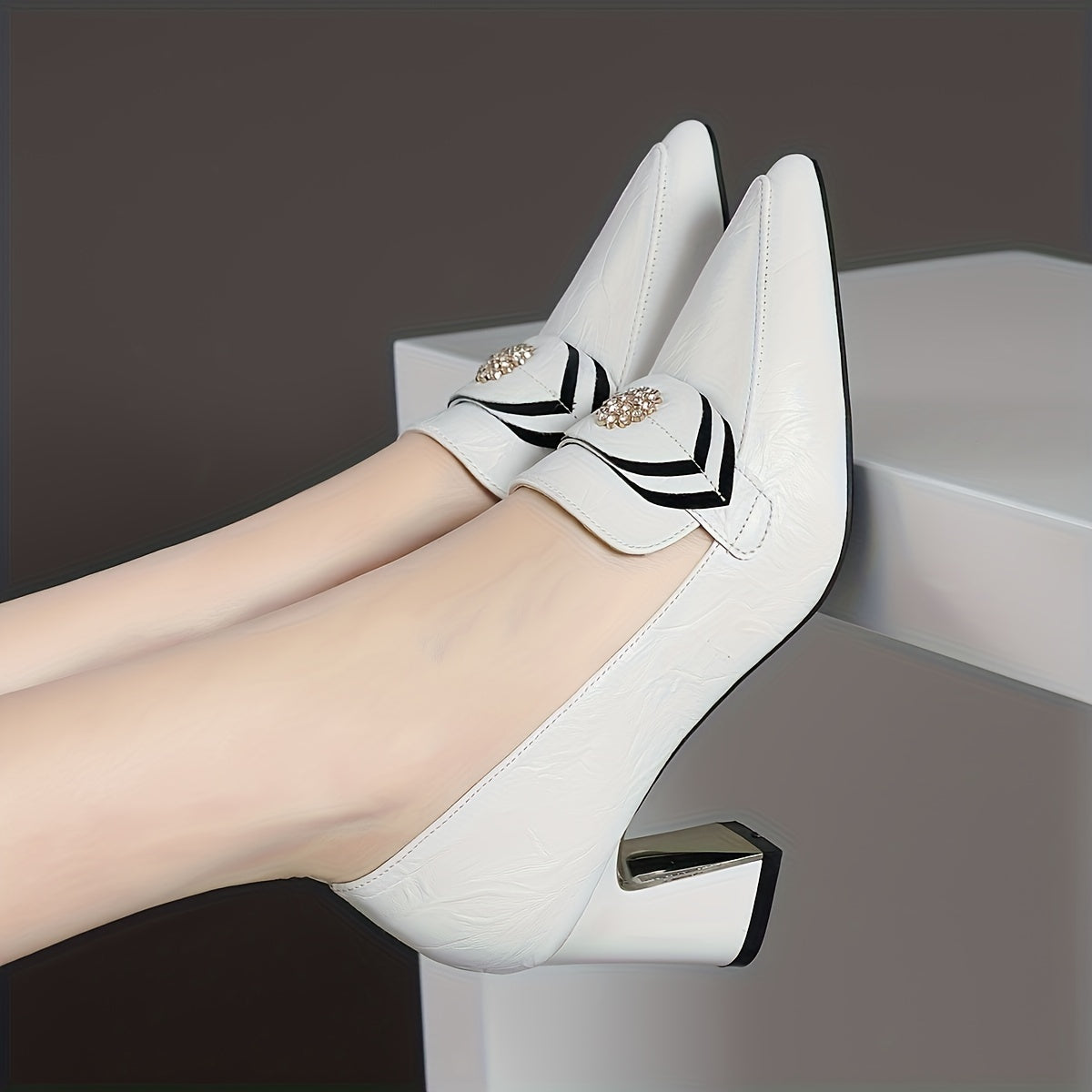 Women's trendy solid color shoes with rhinestone buckle, chunky heel and lightweight design. Ideal for daily wear.