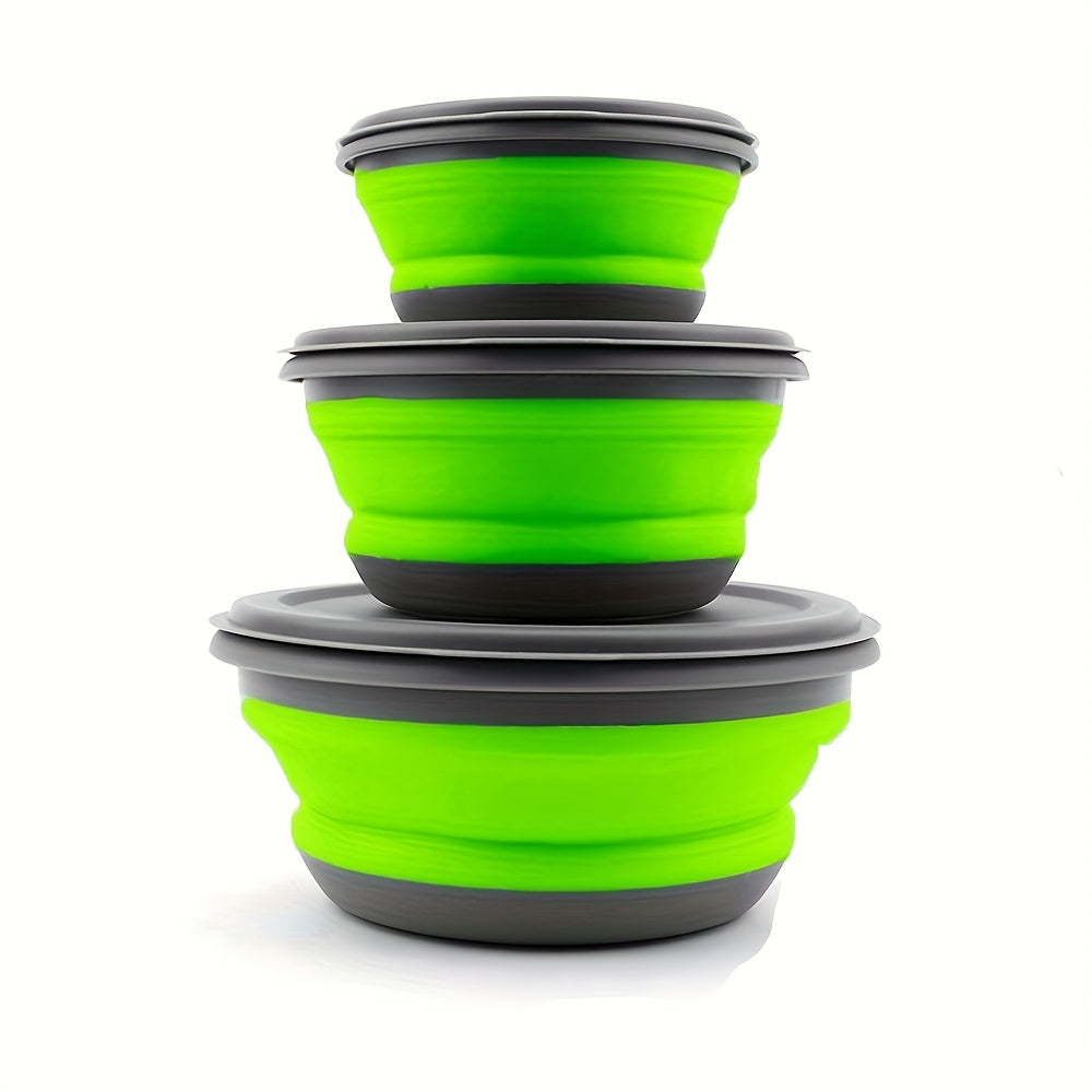 Set of 3 Camping Bowls with Lids, Silicone Collapsible Bowls, Lunch Box, Salad Bowl, Expandable Food Storage Container, Bento Box - High-Quality Container for Travel, Camping, and Office Use.