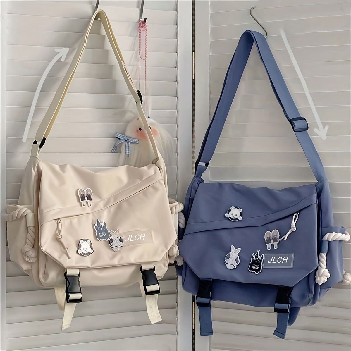 Adjustable unisex shoulder bag in white, pink, blue, or black, suitable for school, travel, and everyday use with a stylish and functional design.