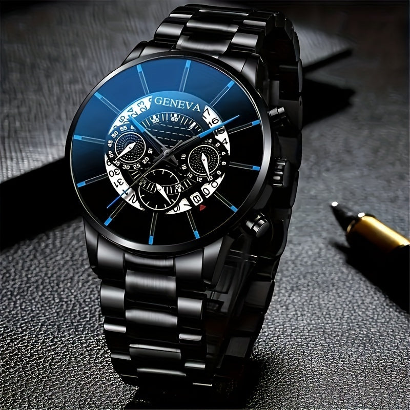 Men's Simple Casual Black Stainless Steel Strap Quartz Watch, featuring a Round Zinc Alloy Case with Pointer Display and Electronic Drive. This watch is non-waterproof and is the perfect gift for Valentine's Day, Easter, or Eid Al-Adha. It offers a