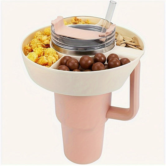 Plastic snack tray cup accessory with 3 dividers, easy to assemble, suitable for flat-mouth cups.