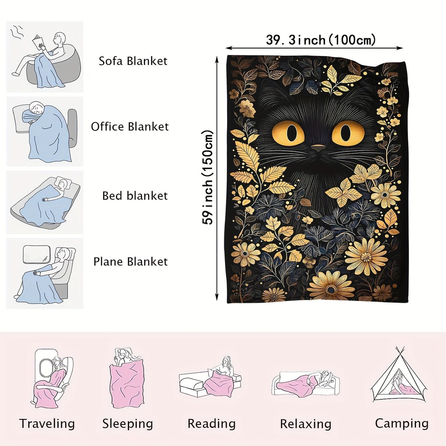 One-piece Halloween Black Cat Soft Plush Throw Blanket featuring a modern style that is suitable for both men and women. This all-season blanket is multifunctional and made from cozy flannel fabric weighing 200-250g. It has a polyester cover with a