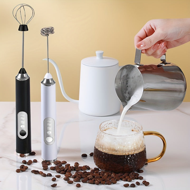 Portable USB rechargeable milk frother and coffee maker with automatic function, whisk attachment, and 1200mAh battery. Comes with measuring spoon and cup. Perfect for use at home or when traveling.