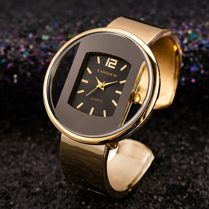 Luxury women's wrist watch with hollow dial, round analog display, alloy case and strap, and button battery for fashion accessory.