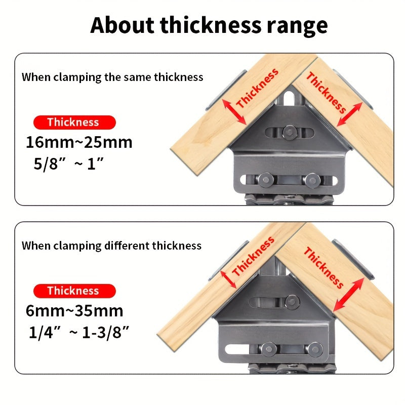 Stainless steel corner clamp for woodworking, with adjustable positioning and durable plastic components.