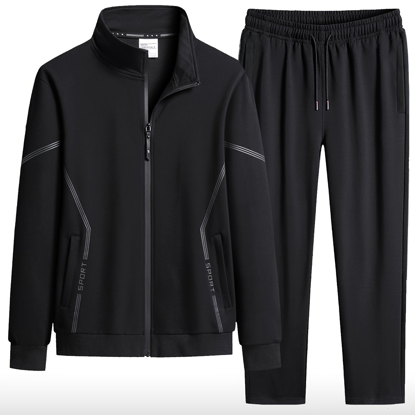 Men's casual sportswear set: Polyester, machine washable, solid color with pockets. Includes spring/fall collared jacket and joggers outfit.