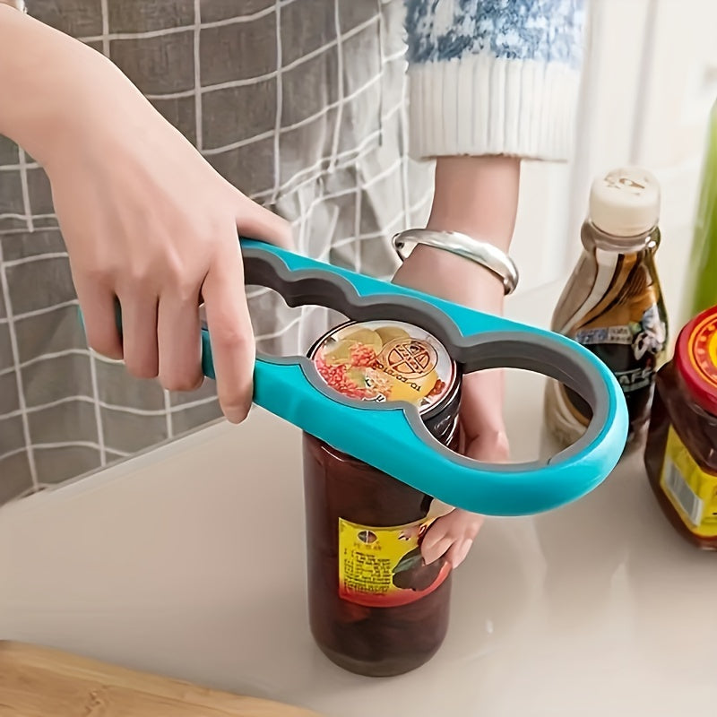 Multi-functional 4-in-1 plastic jar opener with non-slip grip for manual bottle cap removal in the kitchen.