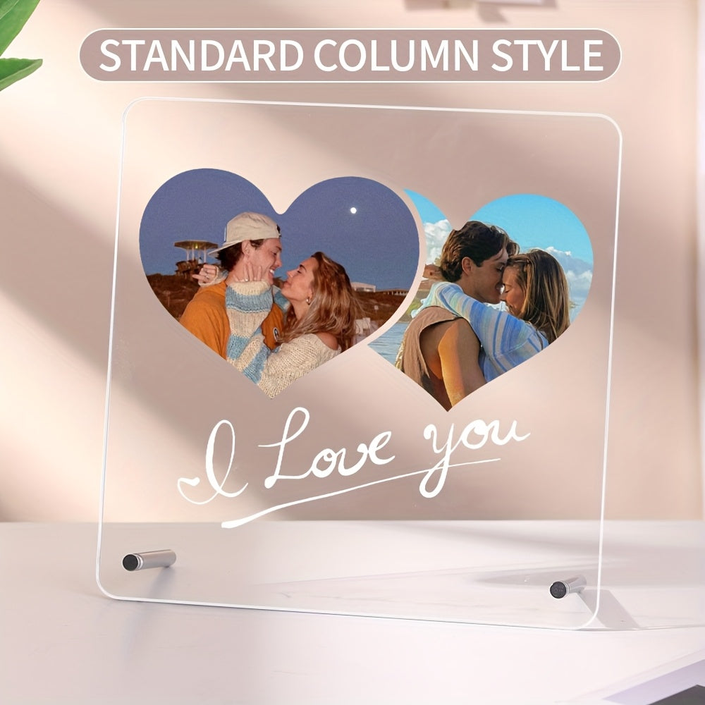 Customizable LED Light Acrylic Photo Frame featuring a Transparent Love Heart Design, perfect for any occasion like Christmas, Mother's Day, Father's Day, Pet Memorial, Anniversary, or Valentine's Day. A unique and thoughtful keepsake to display your