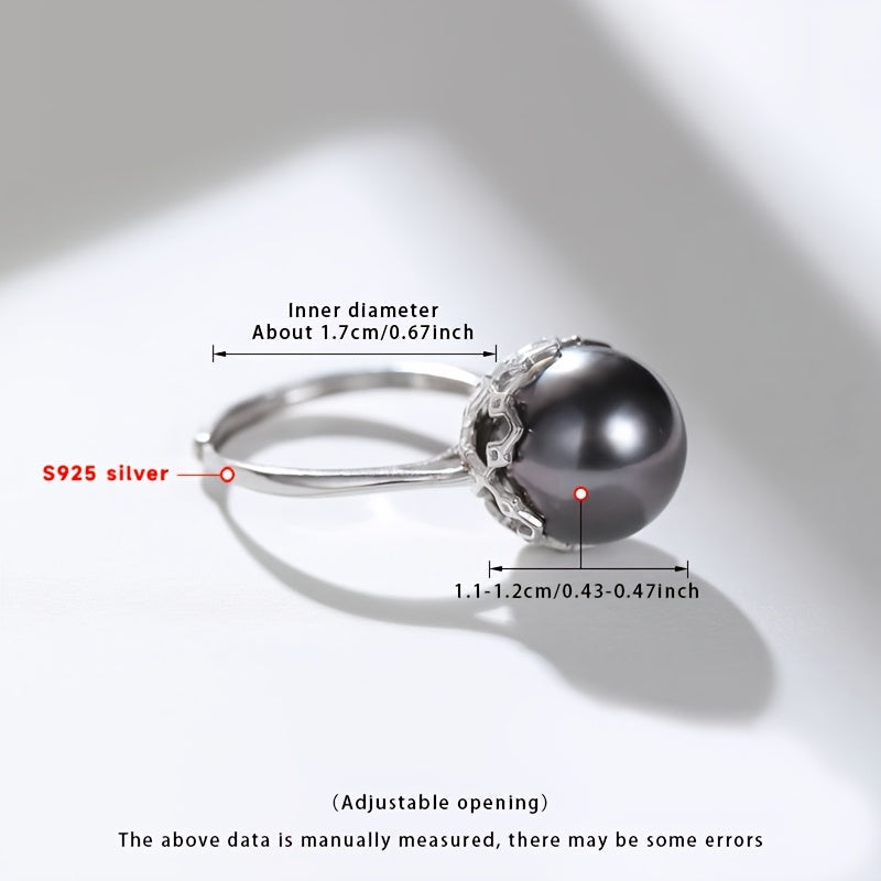 Elegant Black Round Natural Pearl Ring with 11-12mm Deep Sea Large Freshwater Pearl on Adjustable Open S925 Silver Band - Comes in a Perfect Gift Box, Shape and Color May Vary, Daimi Brand