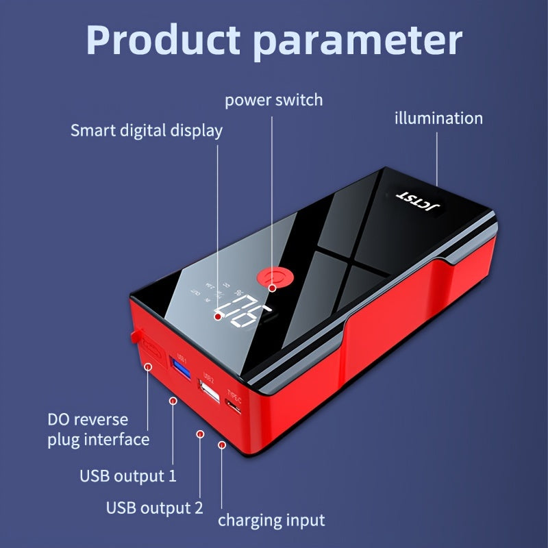 JCTST 20000mAh car jump starter powers up a 12V car battery with 2000A, serving as an emergency booster for jump starting vehicles.