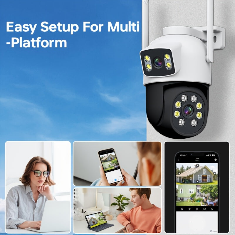 Two Dual Lens Security Cameras - Features Wireless 5G WiFi, 4MP HD, Pan/Tilt, Human Tracking, Two-Way Audio, Color Night Vision, IP65 Waterproof, USB Powered, and utilizes the Eseecloud App