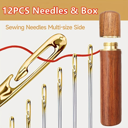 Assorted self-threading needles set includes 12pcs. Stainless steel darning sewing needles with side opening, ideal for household hand sewing tasks.