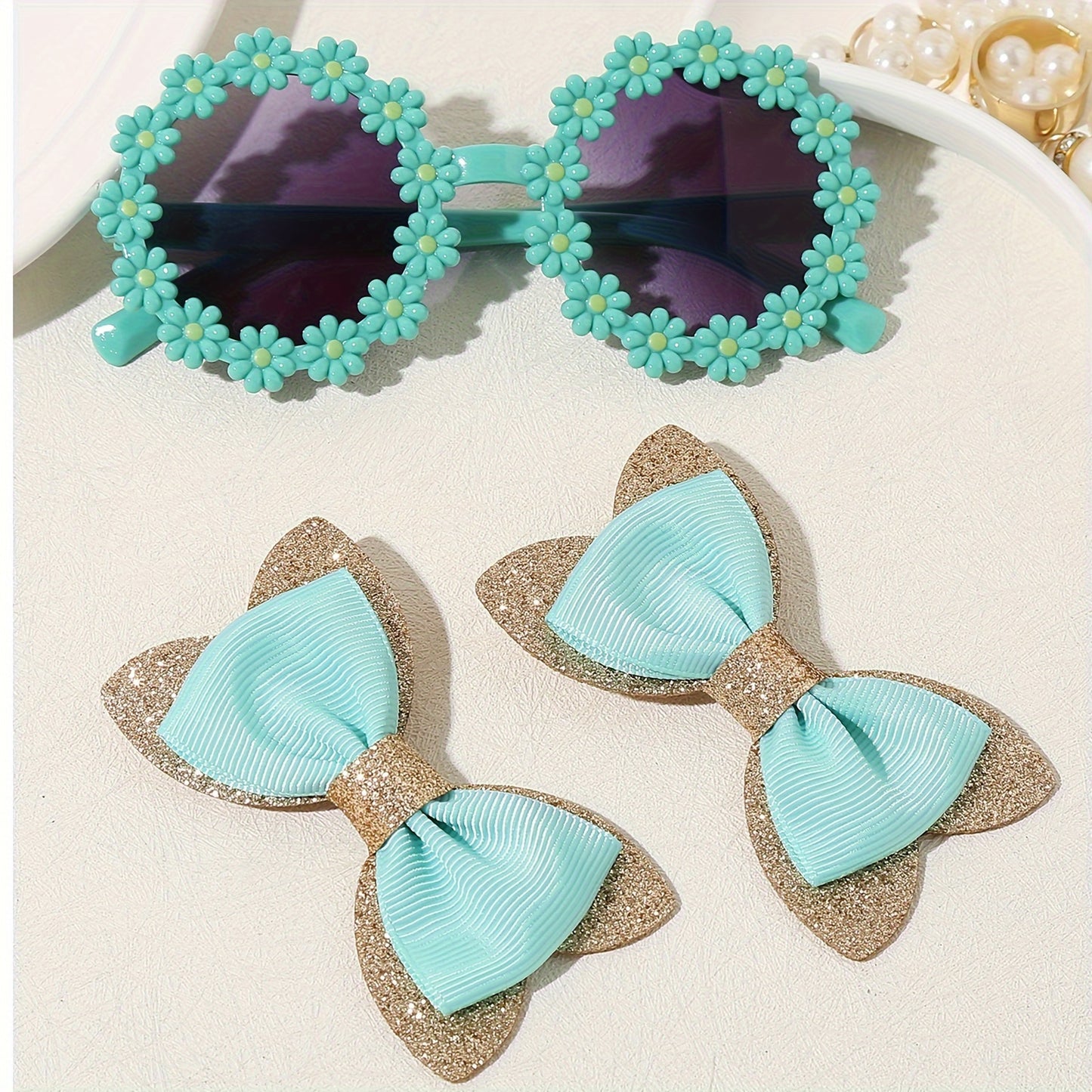 Hair clip and glasses set for women 14+ years old, includes 3 pieces with bow clip and floral glasses in elegant and cute style.