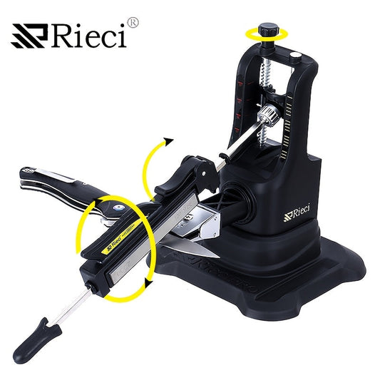 Introducing the Rieci Pro III Chef's Sharpening System, a high-quality kitchen knife sharpener kit designed for professional use. This kit features a fixed angle stainless steel sharpening stone specifically designed for sawtooth blades. Say goodbye to