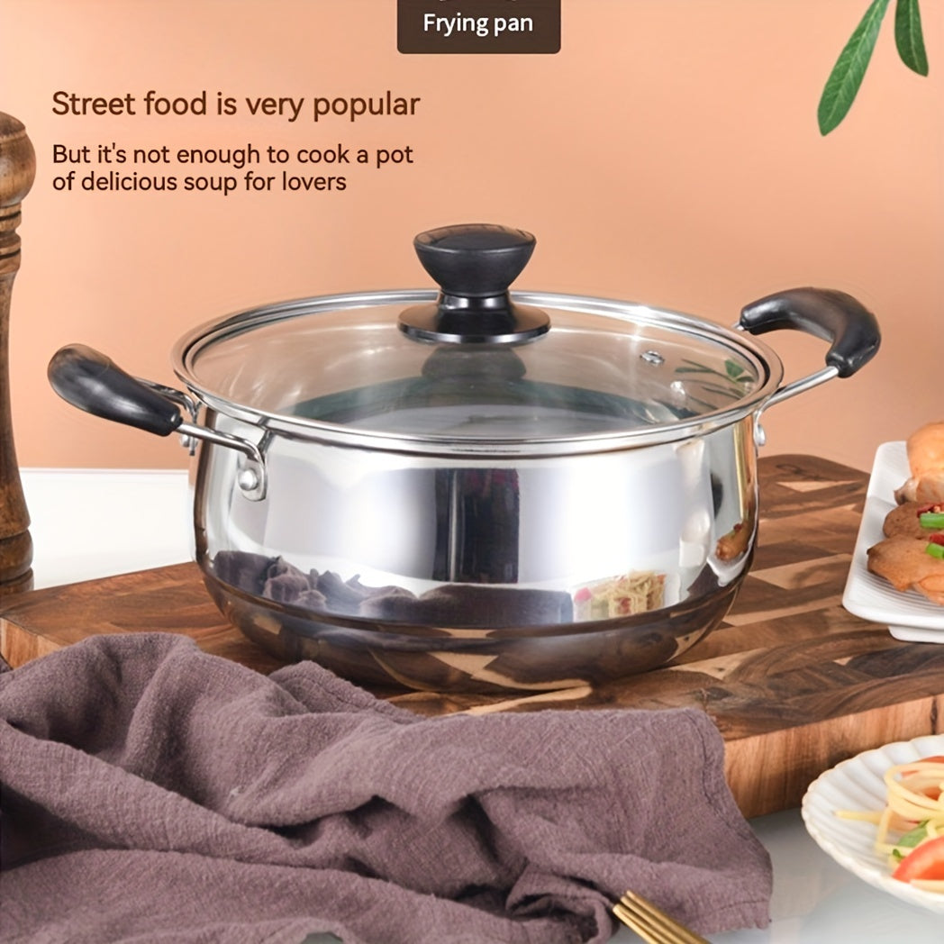 Three-piece set of durable stainless steel cookware, including a thickened soup pot, milk pot, and fryer. This versatile set is perfect for frying, stewing, and cooking, whether in a household kitchen or professional restaurant setting. Can be used on