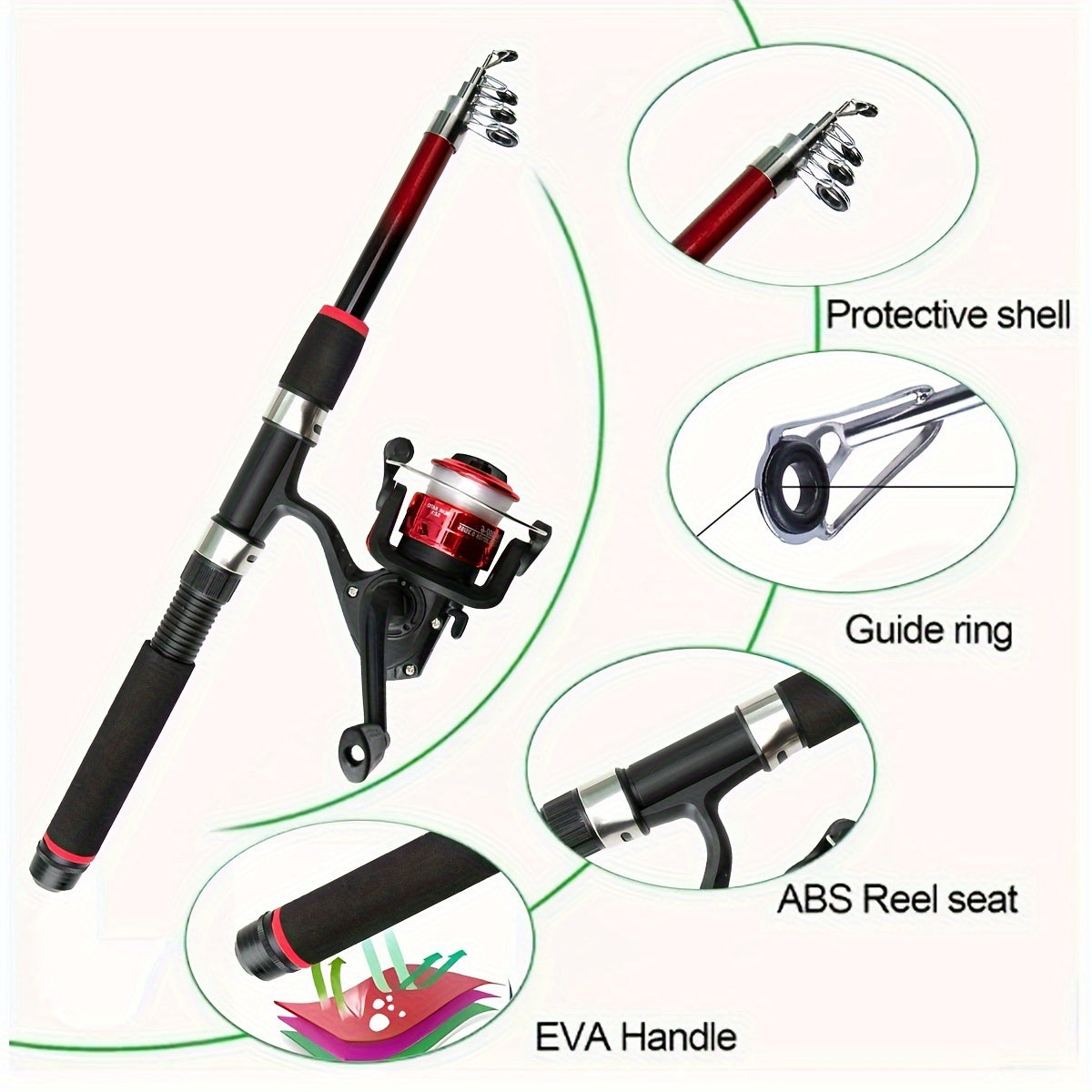 Travel-friendly telescopic fishing rod set with feeder, made of durable FRP, includes carp spinning pole, reel, baits, and hooks.