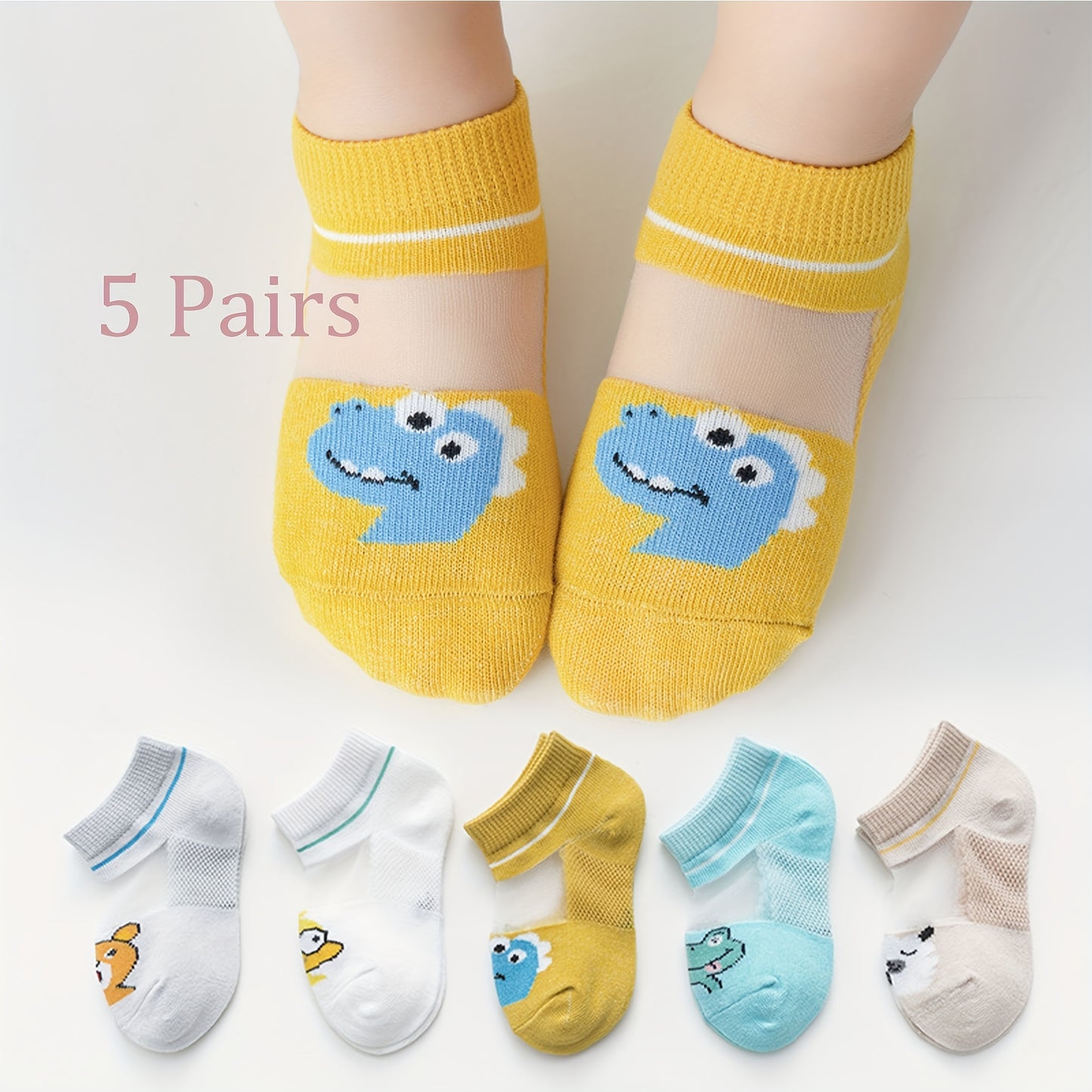 Kids' 5 pairs of thin mesh breathable socks with cartoon designs for spring and summer.