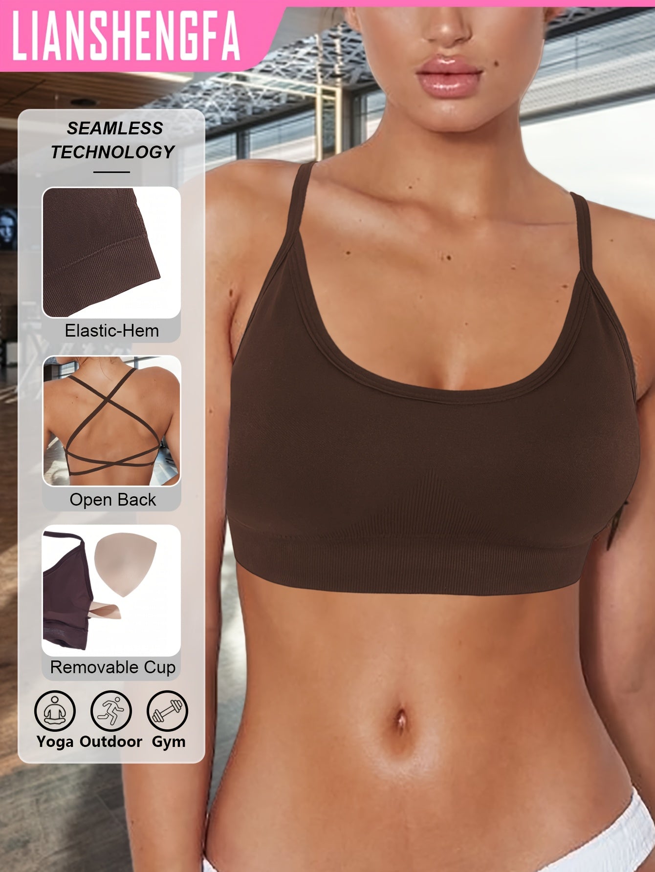 High-elastic sports bra with seamless design and high-intensity shock resistance, featuring breathable cross shoulder straps for yoga and fitness.