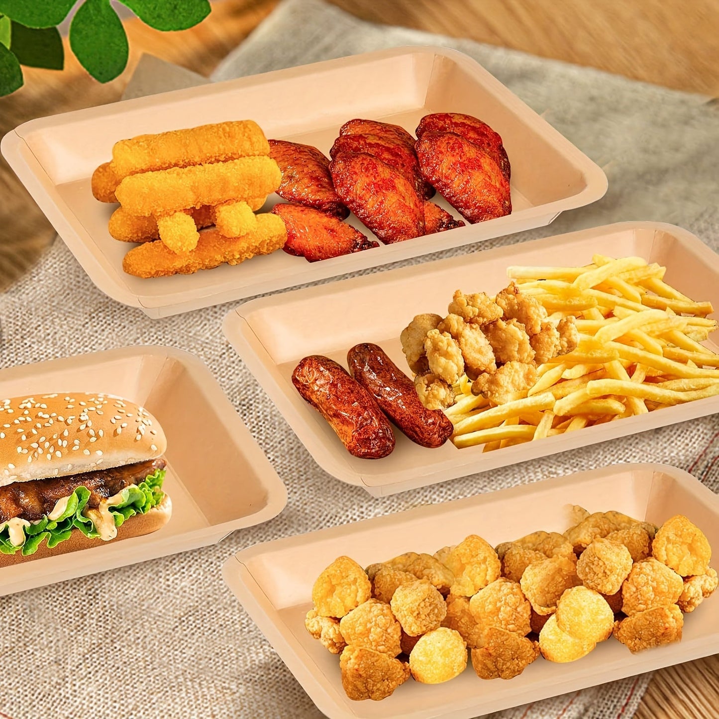 25 pieces of heavy duty disposable rectangle food trays, made from compostable, extra large paper. Perfect for serving crawfish, lobster, and crab at parties, BBQs, and crawfish boils. Accessories included.