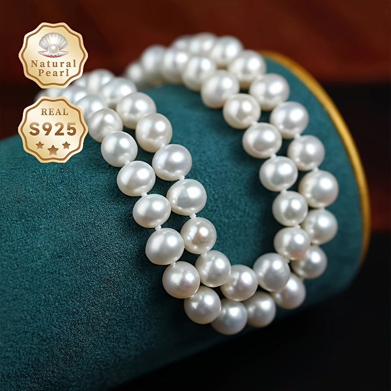 MUFAN Elegant S925 Silver Freshwater Pearl Necklace featuring 7-8mm Lustrous White Pearls, Perfect for Women. This necklace is an ideal June birthstone gift, and it comes in a stylish red gift box. Each pearl has its own unique shape and color variation