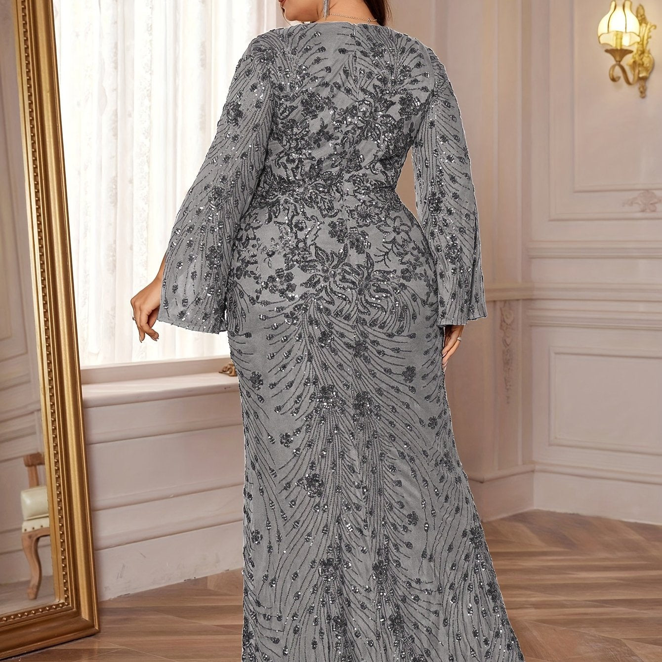 Sequin slit sleeves evening gown with a touch of luxury for parties and events, suitable for hostesses and available in plus sizes.